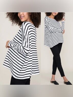 Hatch Maternity White Black Striped The Perfect Long Sleeve Boat Neck Tee 4(XL)